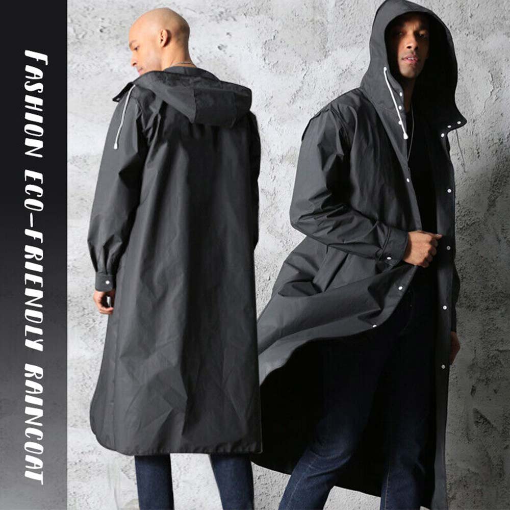 Mens Waterproof Long Raincoat Rain Coat Black Hooded Trench Jacket OutdoorHiking