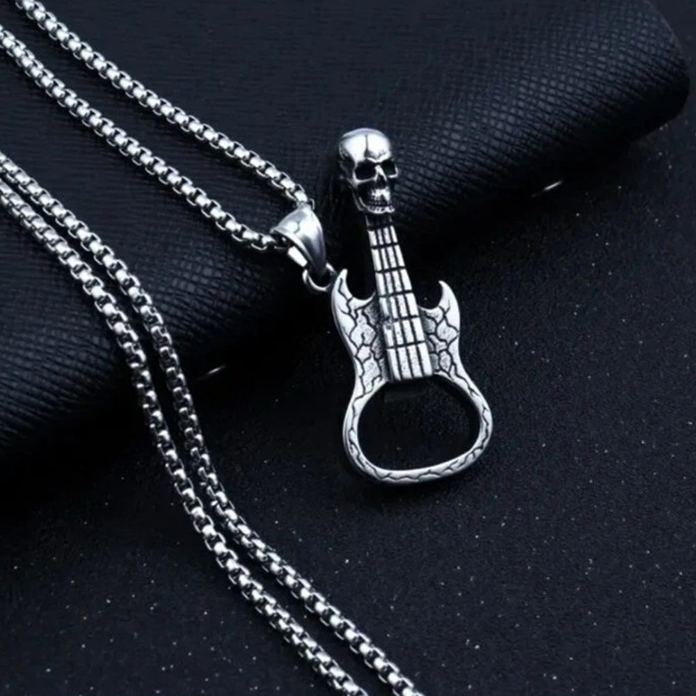 Rock Music Skull & Guitar Pendant Necklace | Stainless Steel Hip Hop Biker Jewelry for Men & Women