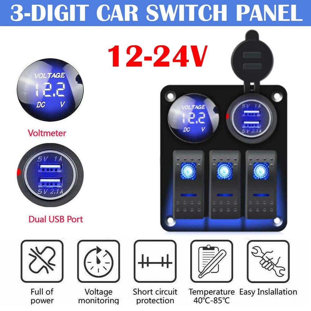 3 Gang 12V/24V LED Light Switch Control Panel USB Charger Car Boat RV Waterproof