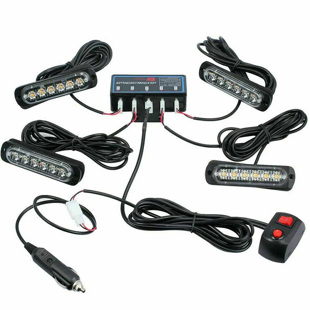 4x 6 LED Amber Strobe Light Bar - 12V Recovery Marker Beacon with 8 Flash Modes