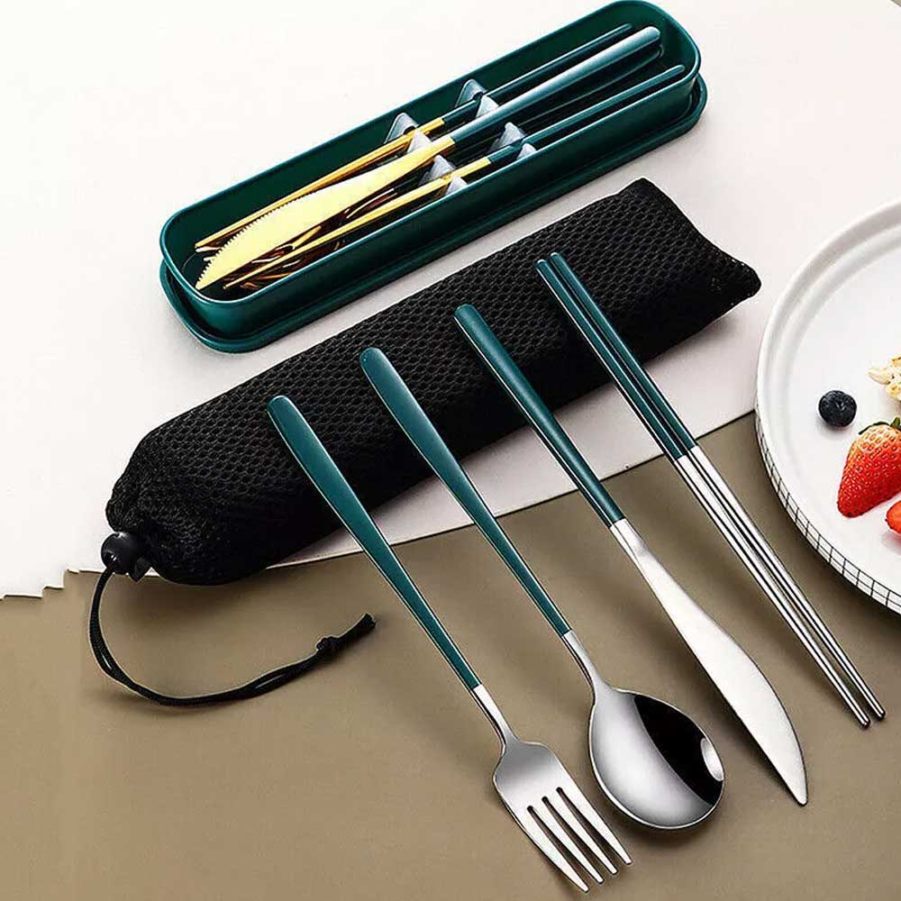 Cutlery Set Stainless Steel Spoon Fork Knife Chopsticks Travel Box Bag