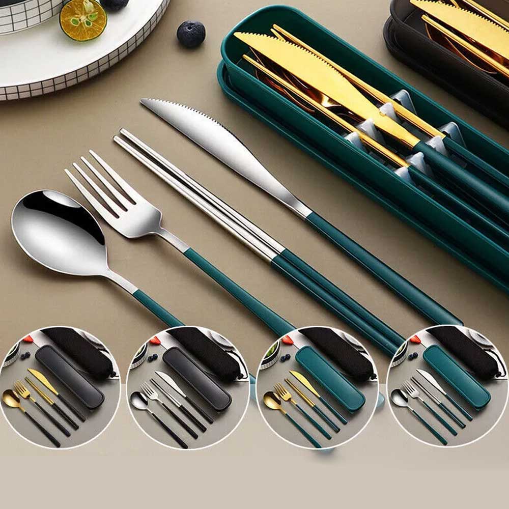Cutlery Set Stainless Steel Spoon Fork Knife Chopsticks Travel Box Bag