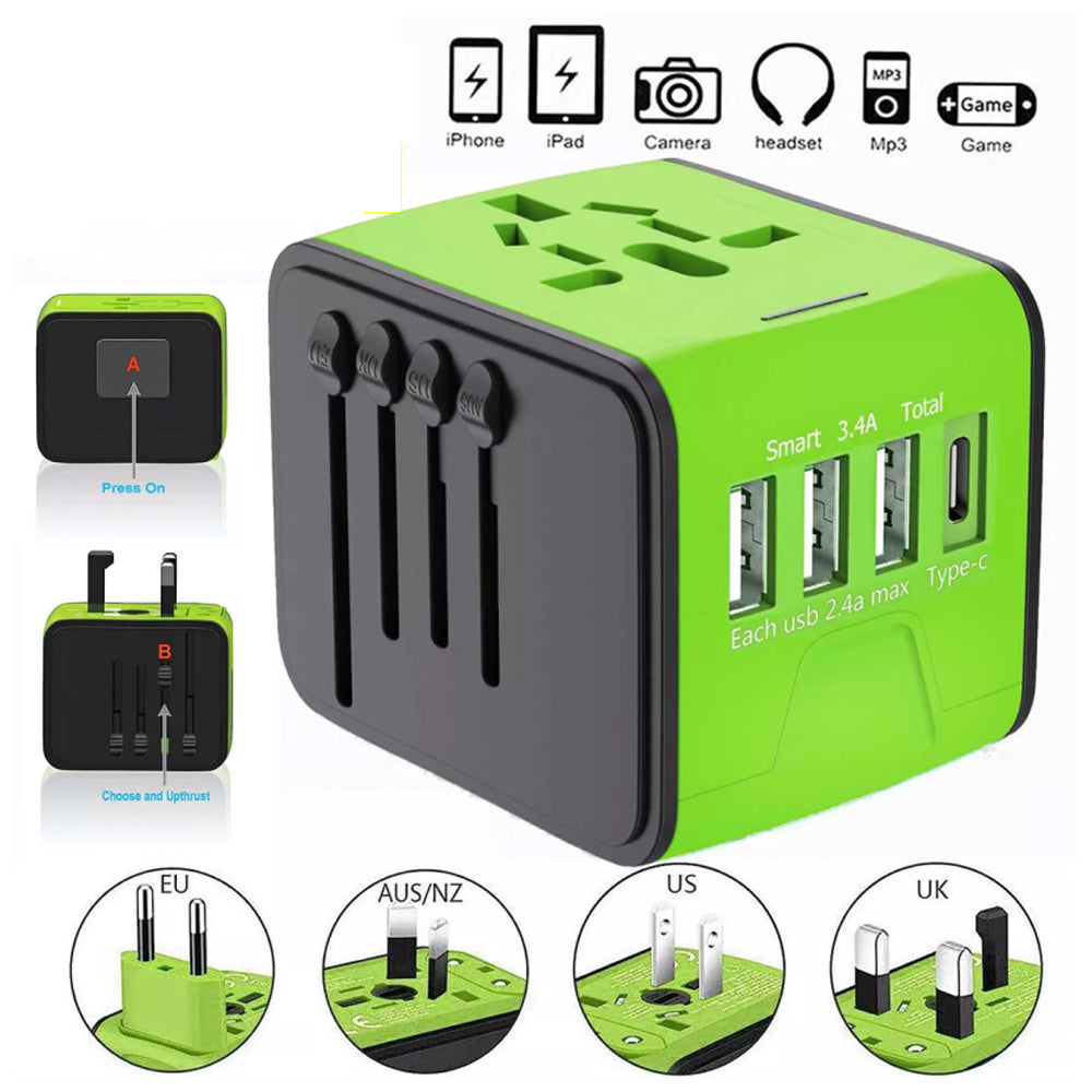 FAST 3.4A Universal Travel Adapter 3 USB &Type-C Outlet Converter Plug Power