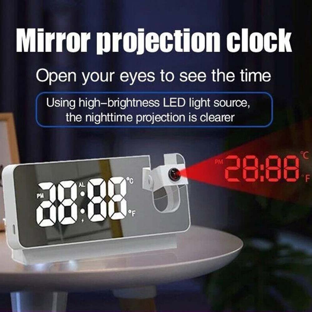 LED Digital Mirror Projection Alarm Clock Time Projector Thermometer Display USB