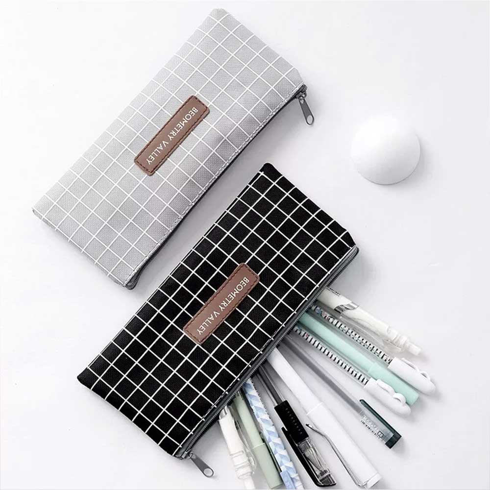 Grid Dots Canvas Pen Box Pencil Case Storage Bag Makeup Brush Pouch Stationery Gift