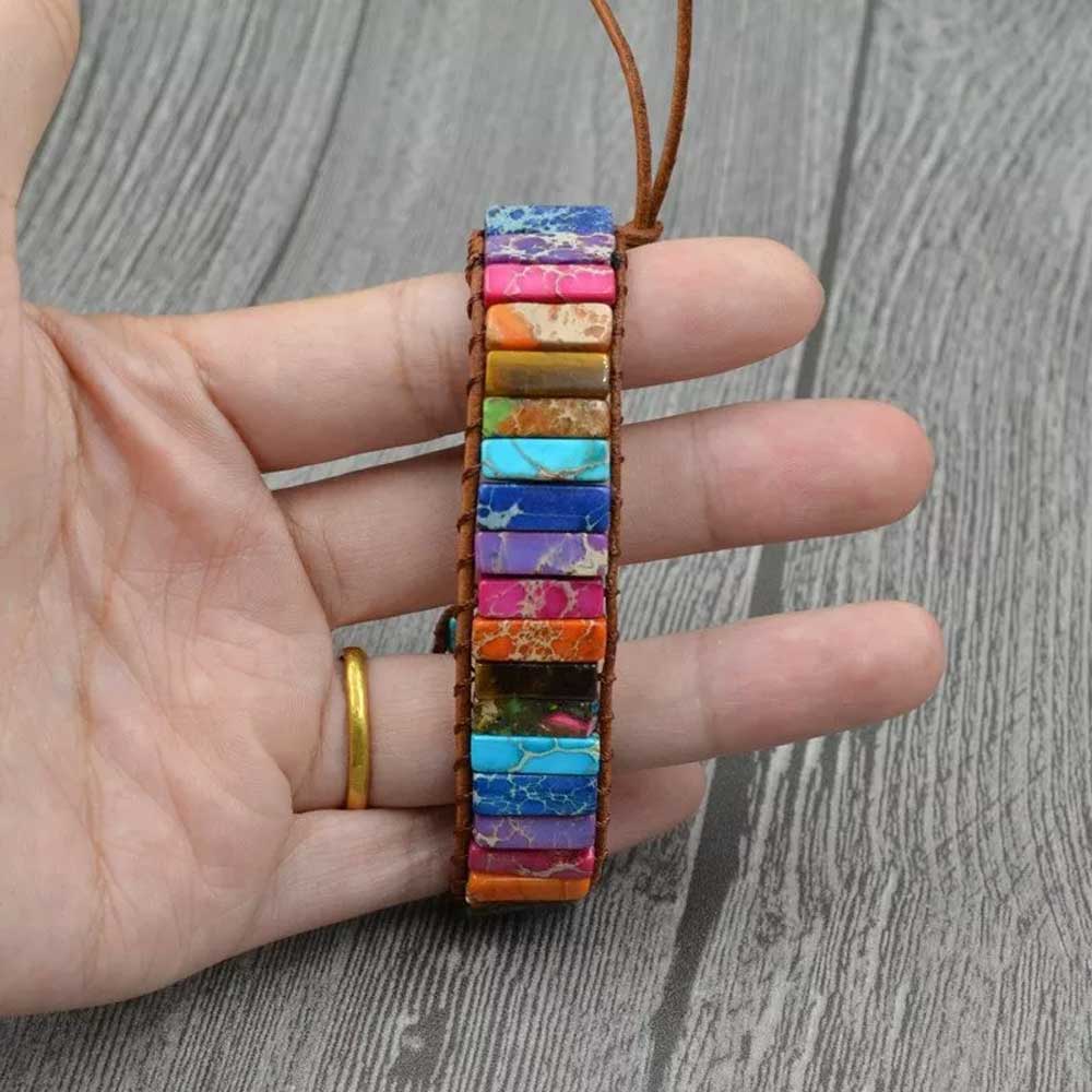 7 Chakra Bracelet Handmade Natural Stone Tube Beads Leather Wrap Women Bangle