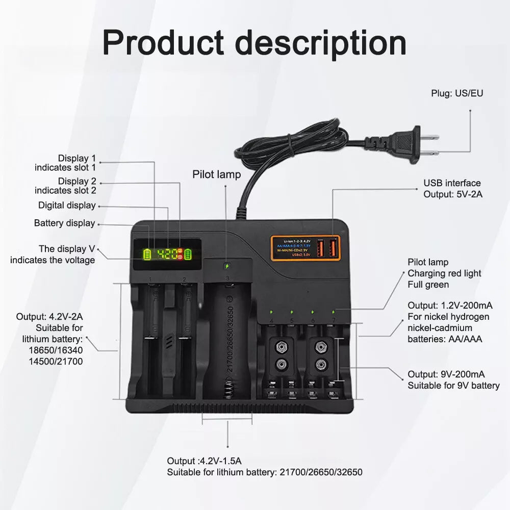 LCD Smart Battery Charger For AAA AA 9V Ni-MH Ni-CD Rechargeable Batteries