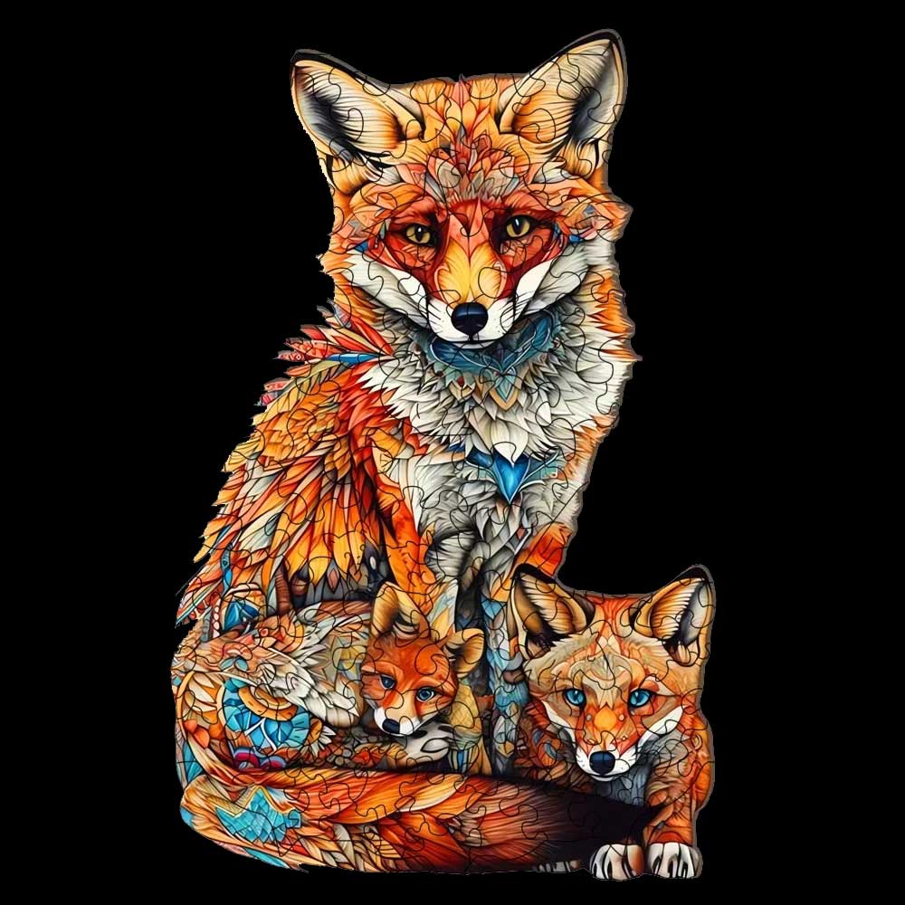 Cozy Fox Family Wooden Jigsaw Puzzle – Creative Animal-Shaped Puzzle Gift for All Ages