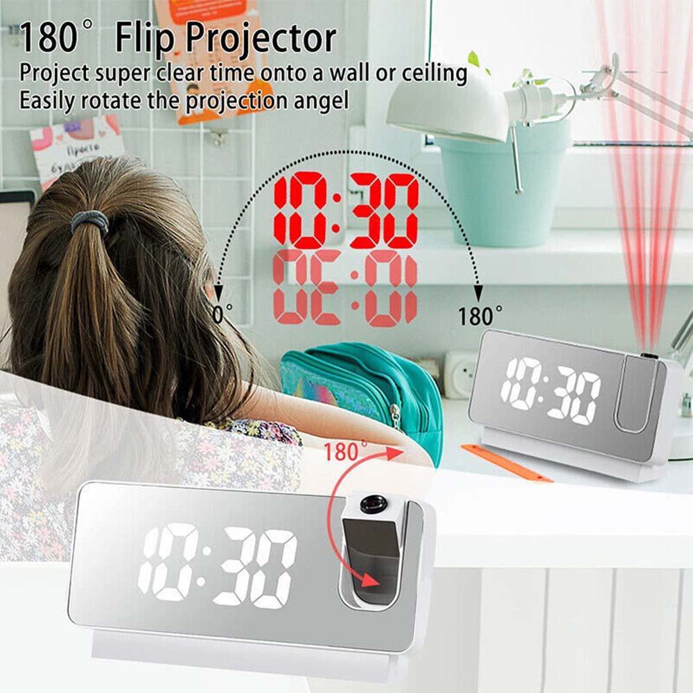 LED Digital Mirror Projection Alarm Clock Time Projector Thermometer Display USB