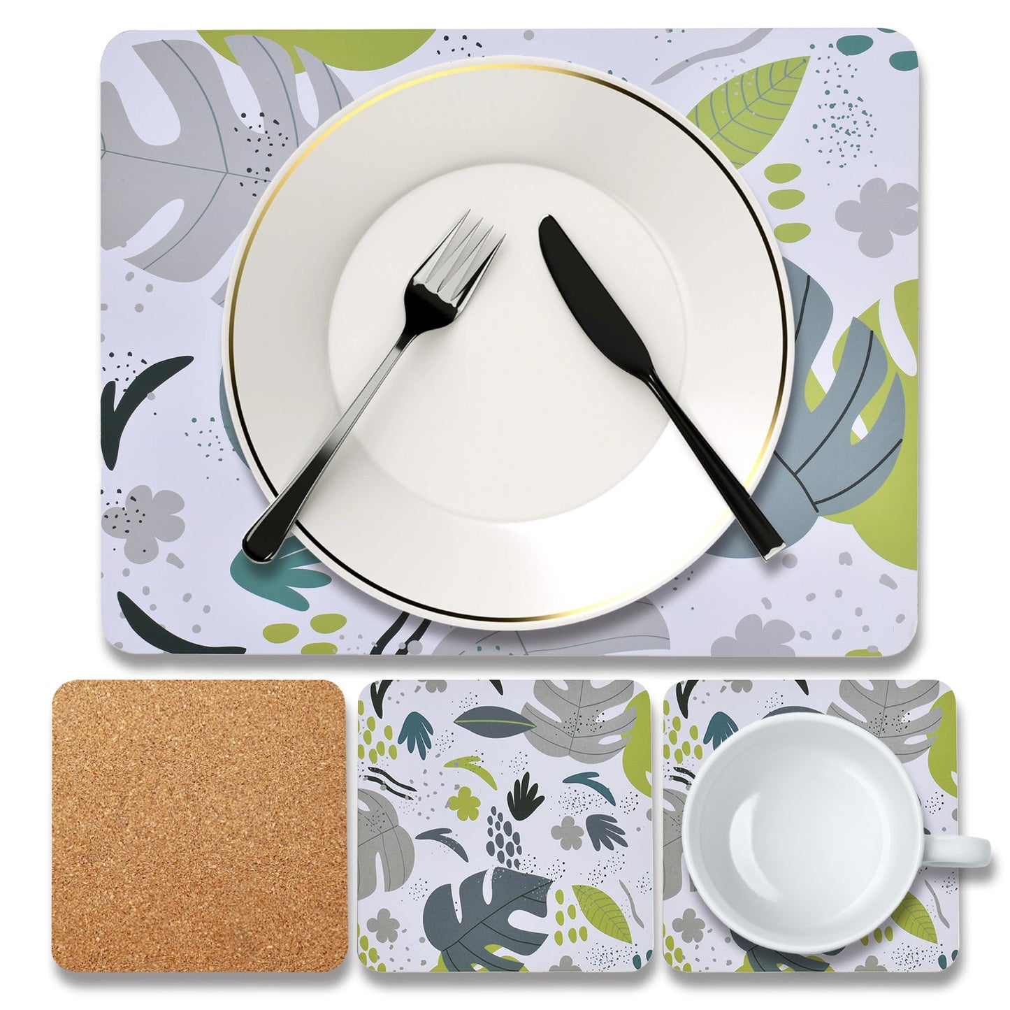 Clevinger 8 pcs MDF Placemats and Coasters Monstera