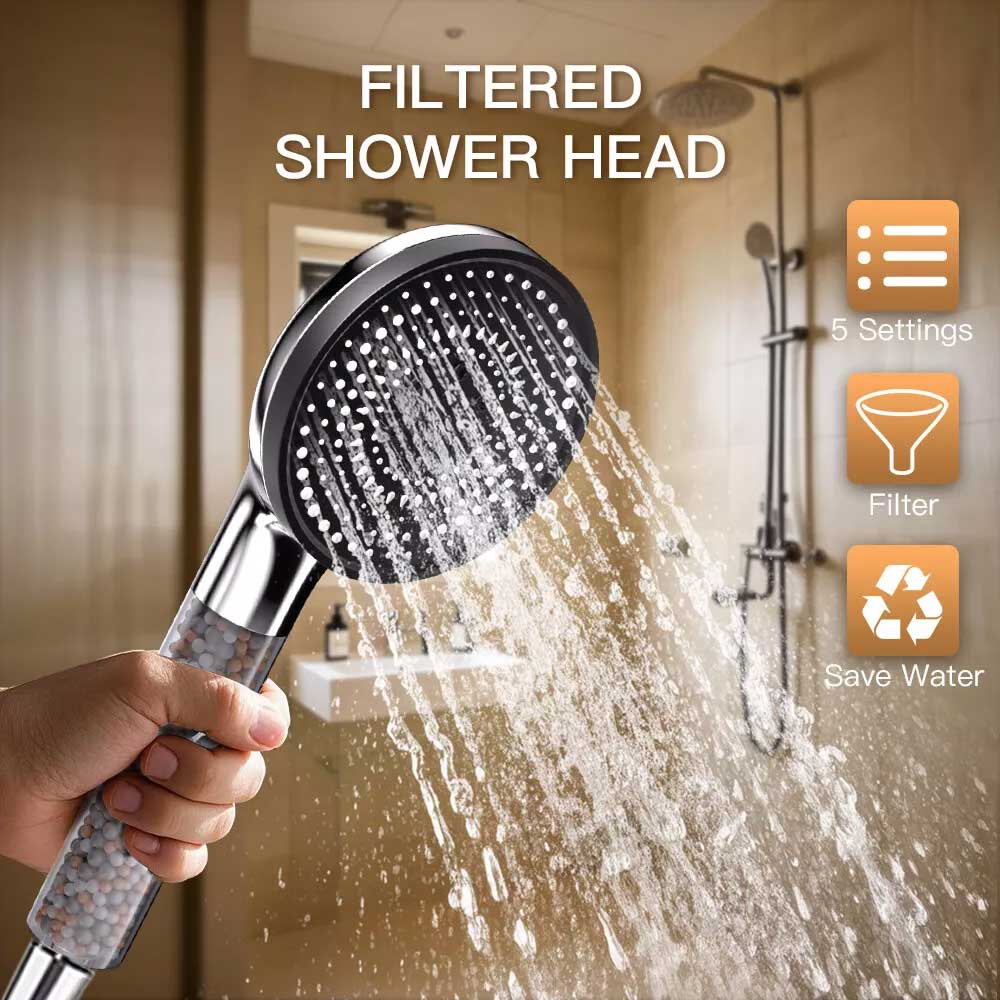 High Pressure 5-in-1 Filter Shower Head - 5 Modes - Hard Water Safe