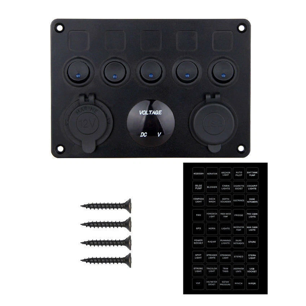 5 Gang Campervan RV 12V LED Light Switch Control Panel Voltmeter USB Charger