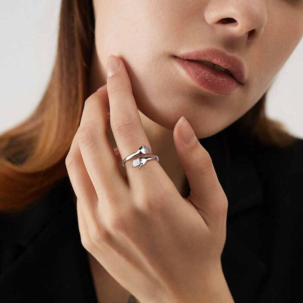 S925 Sterling Silver Love Hug Ring Band Open Finger Womens Jewelry Adjustable