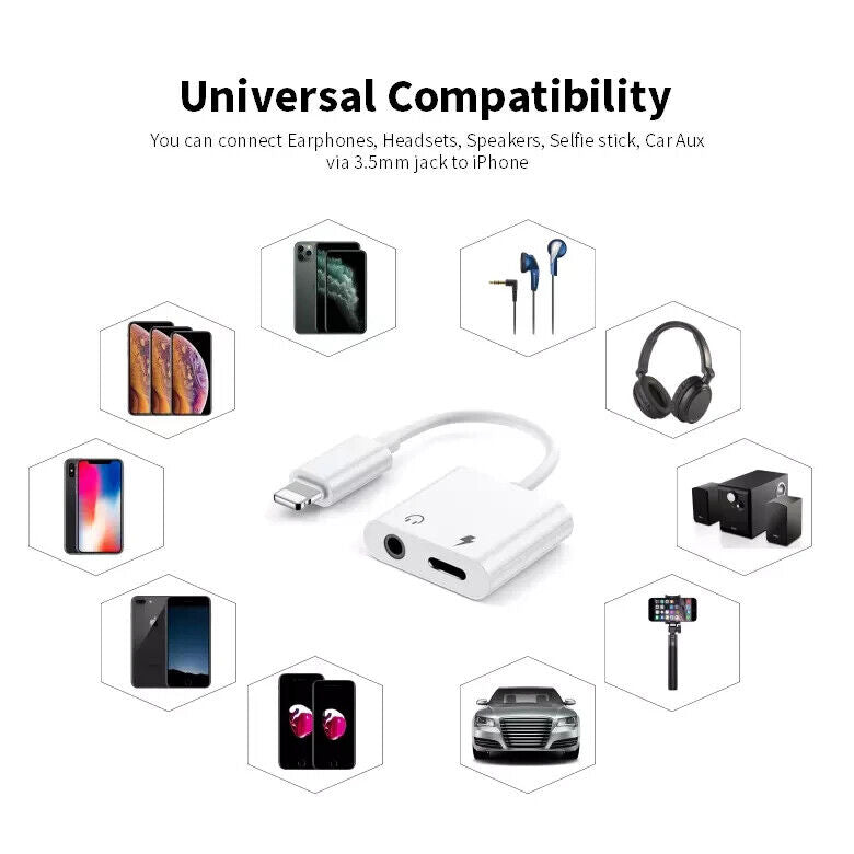 2-in-1 iPhone Jack to 3.5mm Splitter AUX Headphone & Charger with Call Support