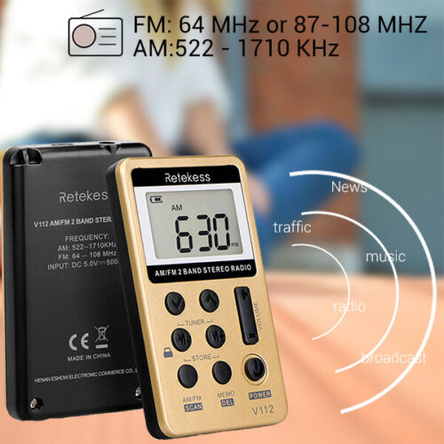 Retekess V112 Portable AM/FM Radio – Rechargeable Pocket Walkman with Earphone for Sports, Walking & Outdoor Use
