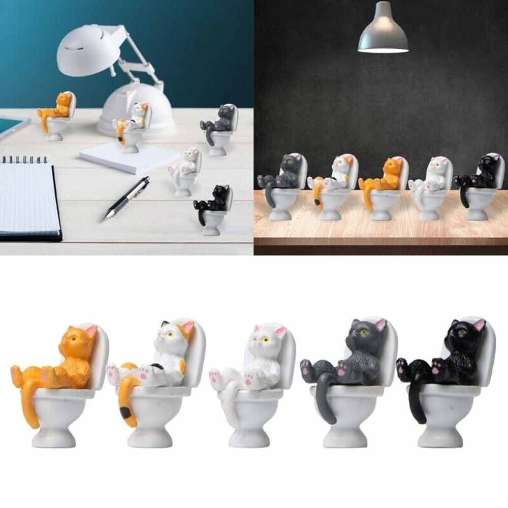 Cat On Toilet Statue Landscape Figurine Home Decorations Miniatures Ornament