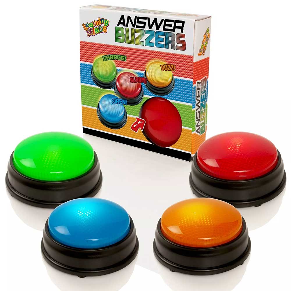 Learning Minds Quiz Buzzer Set - 4 Pack Game Show Buzzers with Lights & Sounds for Classroom, Family Trivia Games