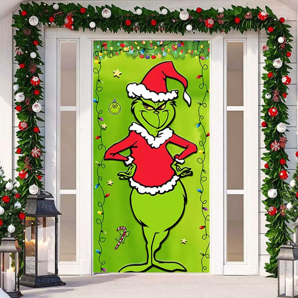90*200cm Grinch Christmas Door Cover Decoration Grinch Green Merry Christmas Porch Sign