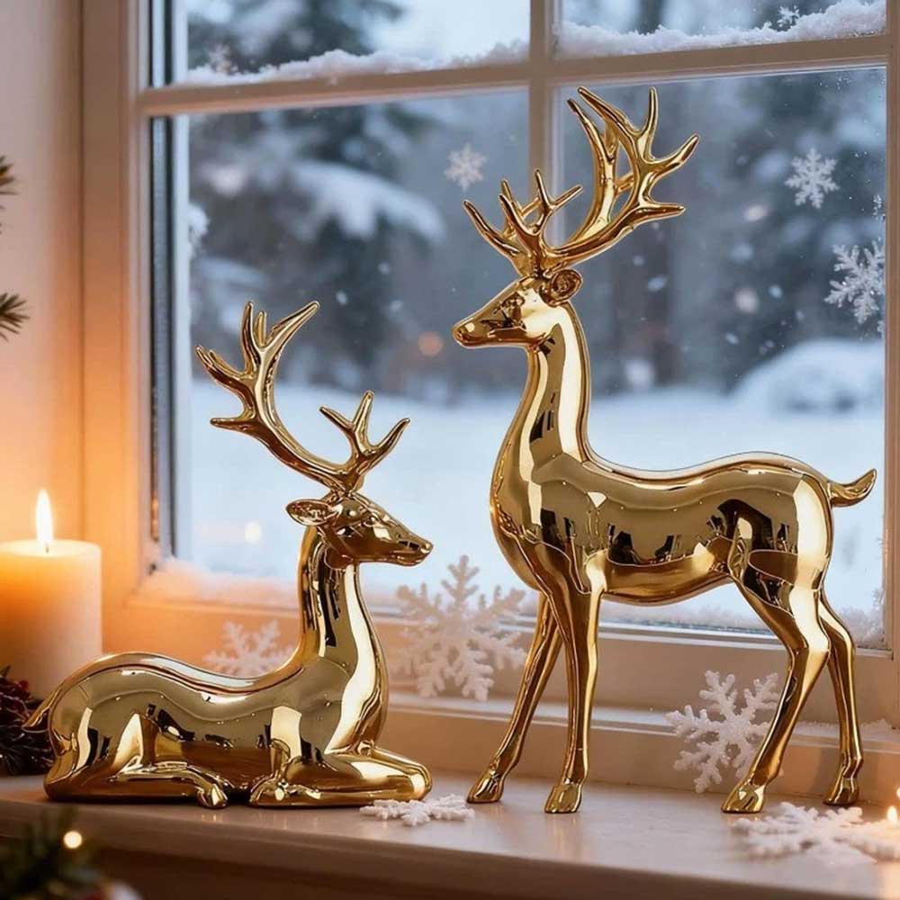 2Pcs Gold Reindeer Statues - Christmas Table Figurines & Holiday Centerpieces