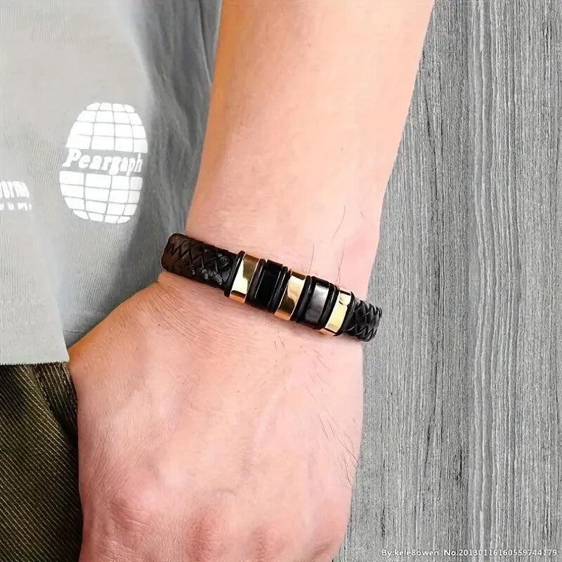 Mens Magnetic Braided Wristband Leather Rope Bracelet Bangle Wrap Black 22 cm