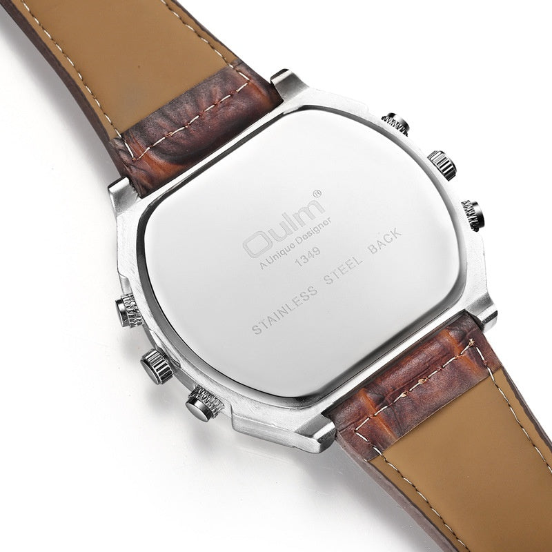 Men Army Sports Fashion Two Time Zones Big Dial Leather Strap Quartz Wrist Watch