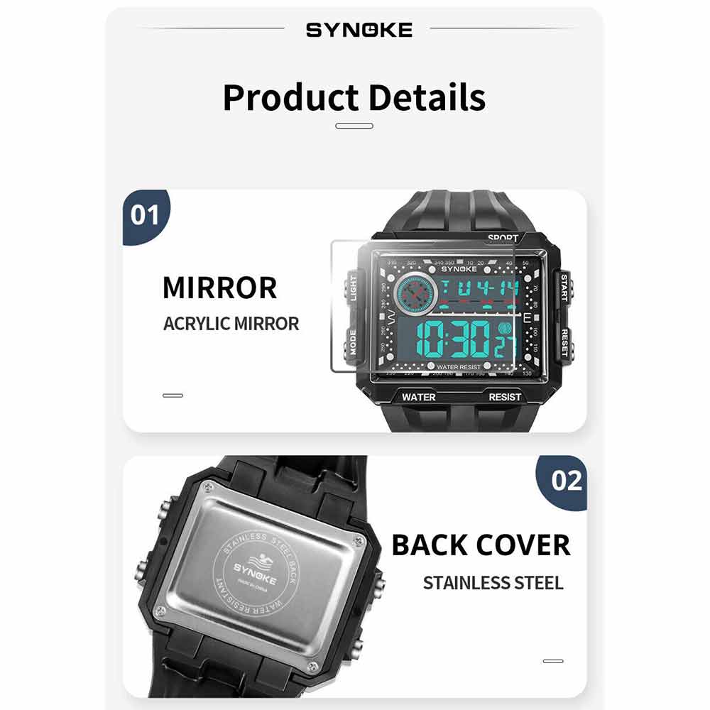 Men Sports Electric Watch Fashion Waterproof Shock Resist Large Screen Watch