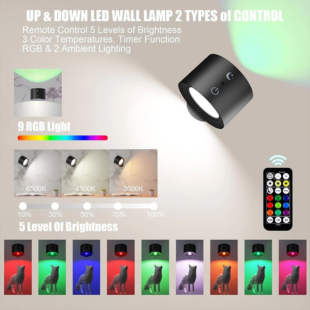 Rechargeable RGB LED Wall Sconce Lights - Magnetic Remote Night Lamp