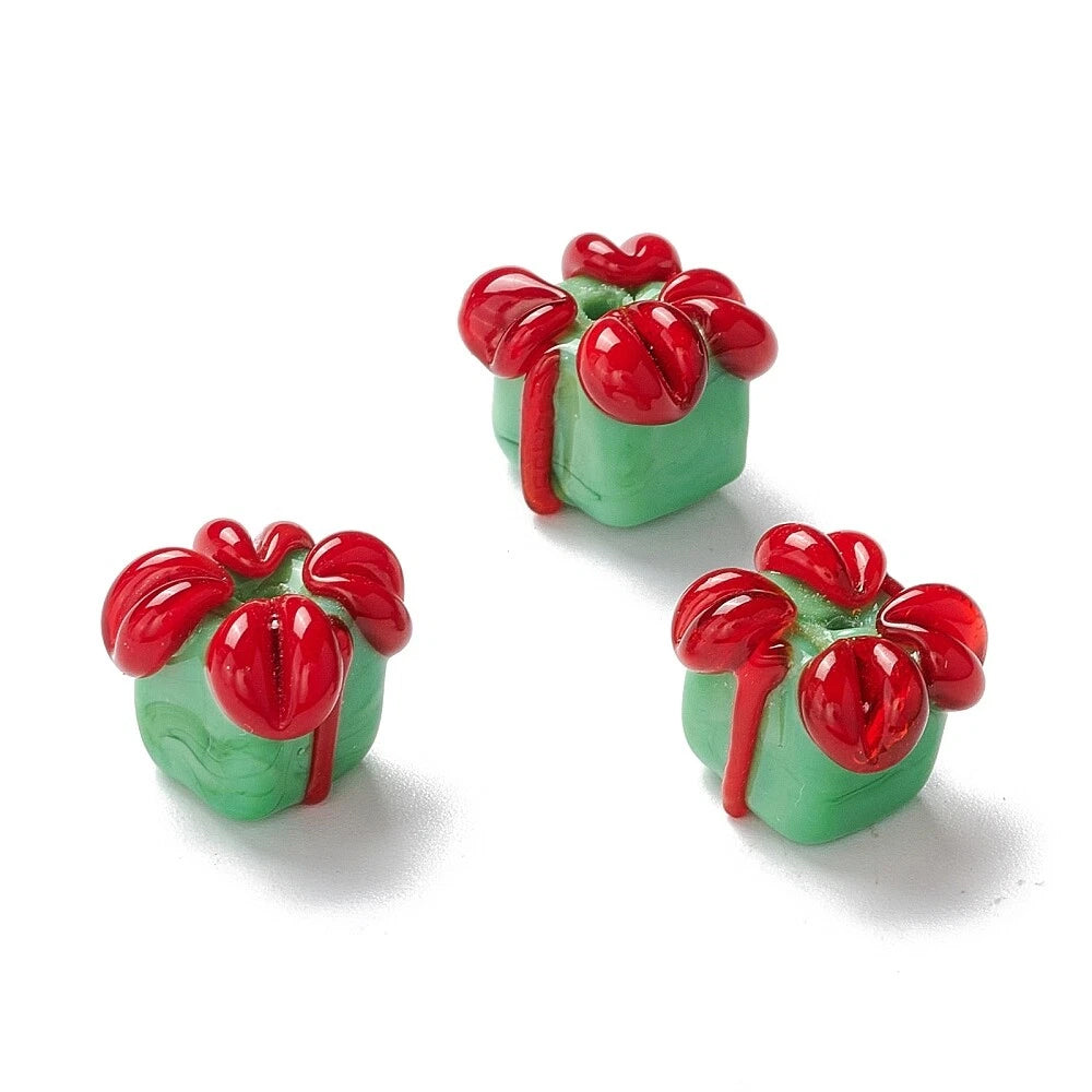 10PCS Christmas Beads – Green Gift Box Lampwork Glass Beads for Jewellery DIY