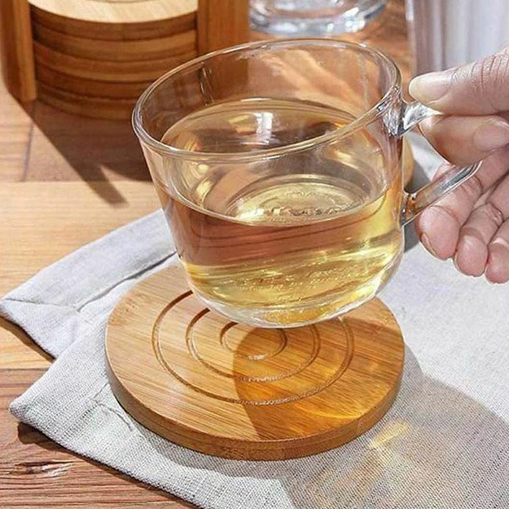 6 Natural Bamboo Drink Coasters Set - Round Tea Coffee Cup Mat Holder