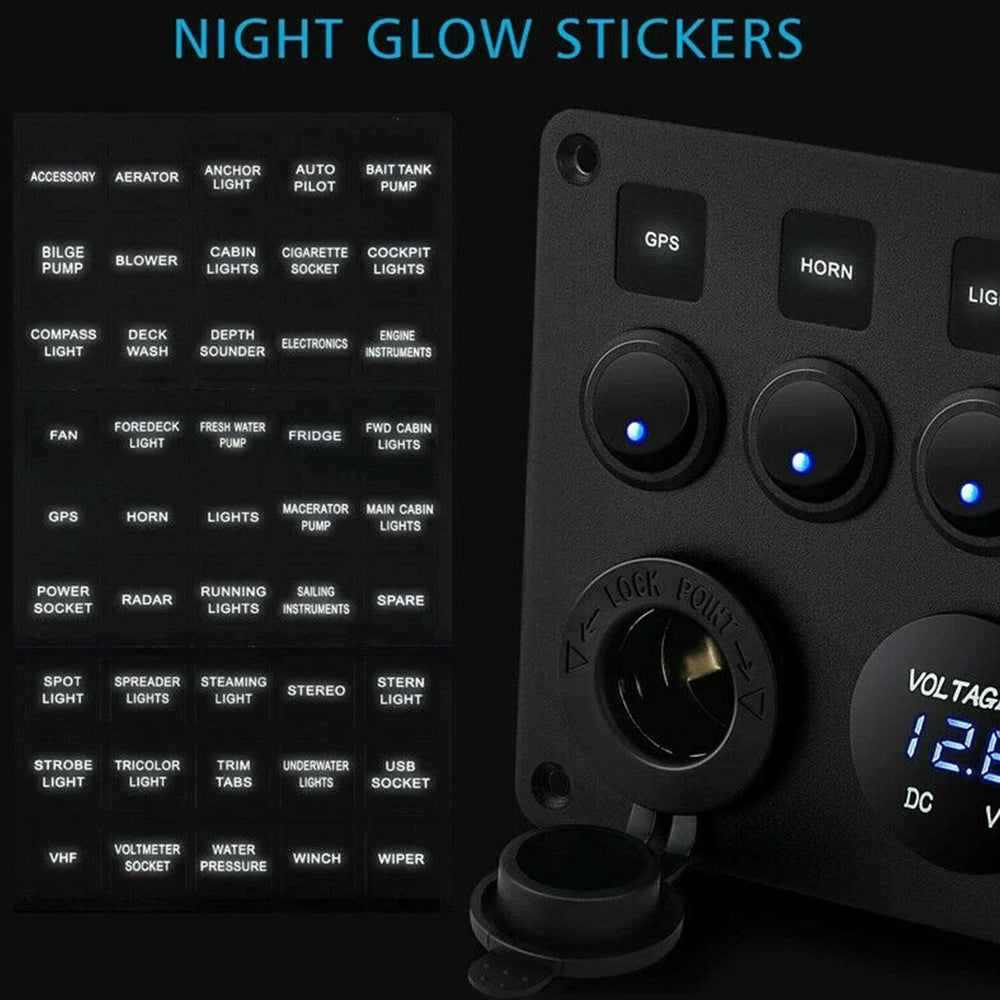 5 Gang Campervan RV 12V LED Light Switch Control Panel Voltmeter USB Charger
