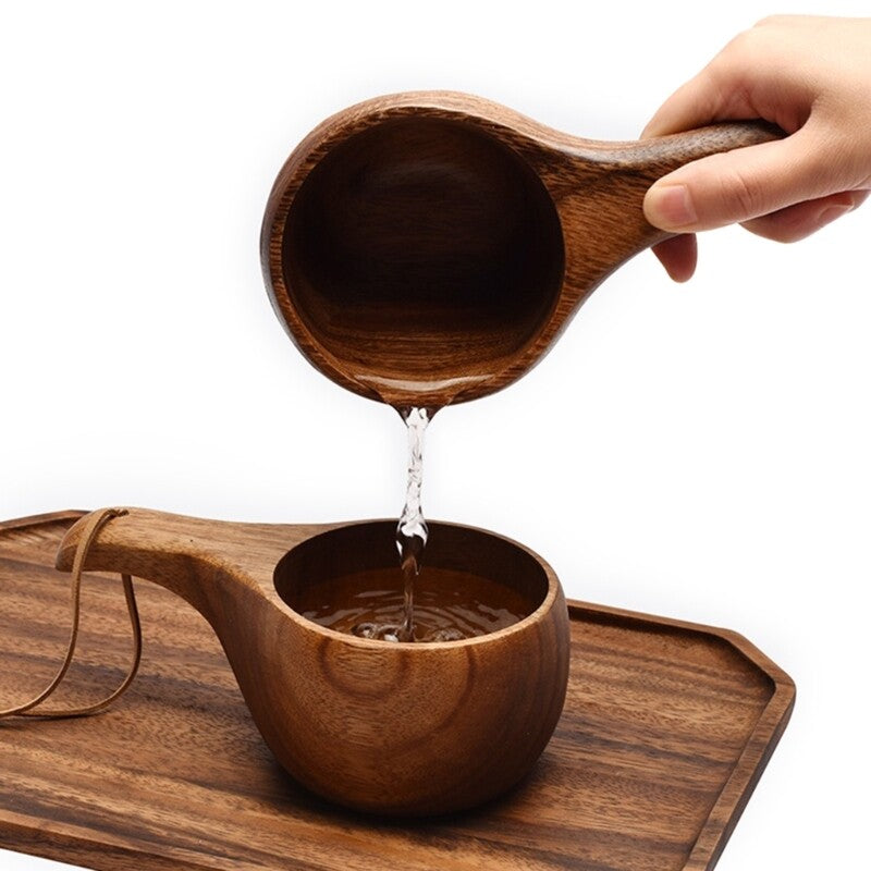 Finland Kuksa Portable Coffee Mug Acacia-Wood Handle Cowhide Rope Hook Juice Cup
