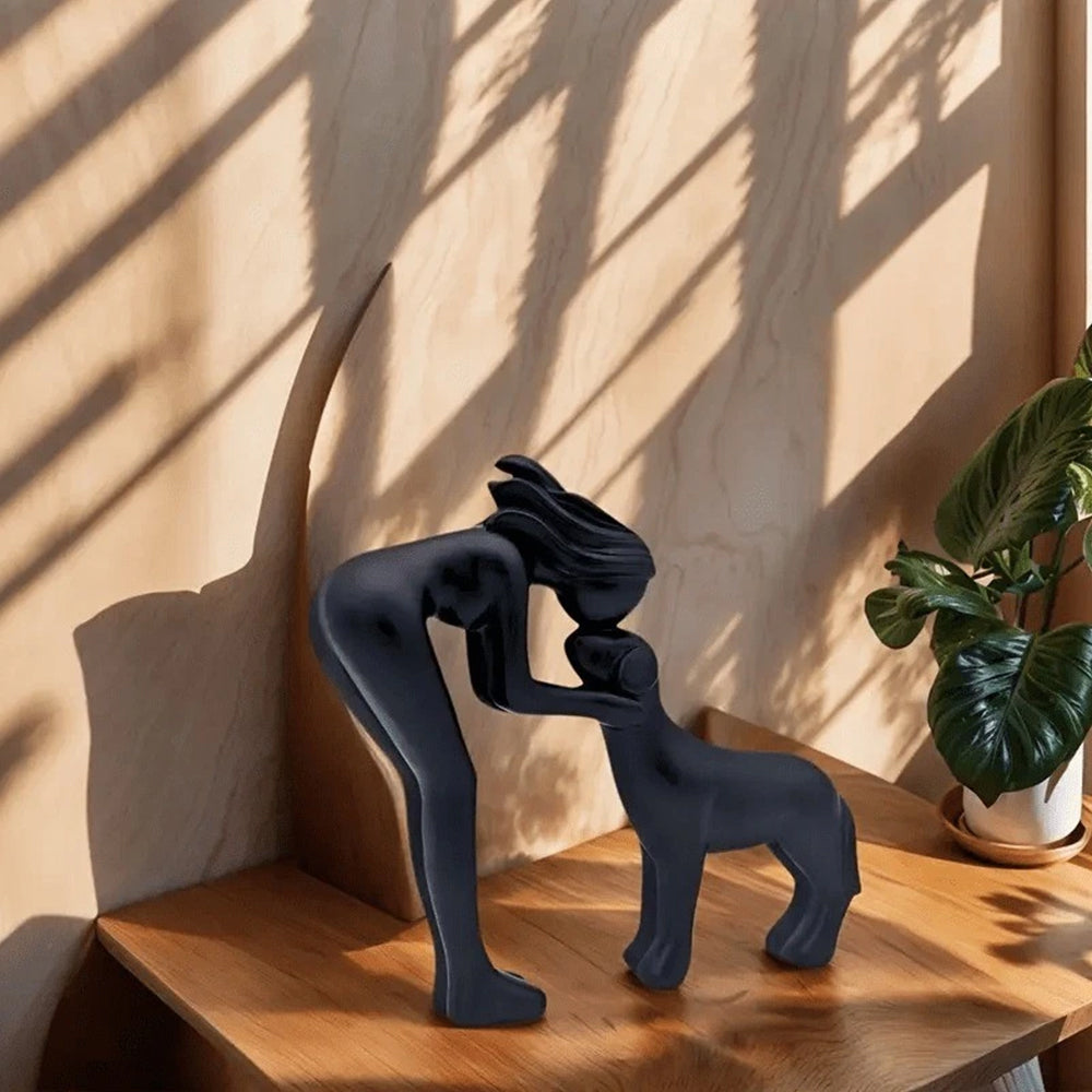 Black Minimalist Human & Dog Statue - 3D Printed Figurine for Pet Lovers, Hand-Like Pose Home Decor