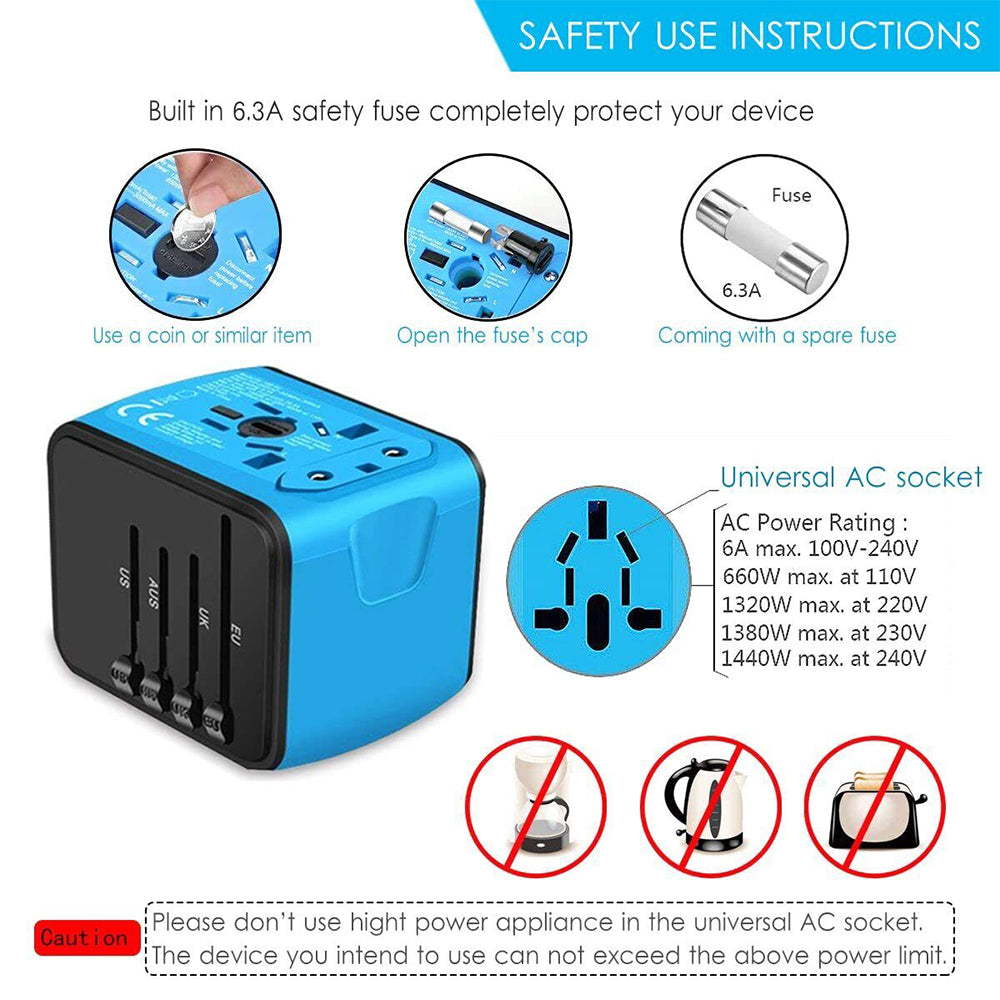 Universal World Travel Adapter 3 USB + Type-C Charger US/UK/EU/AU Plug Converter