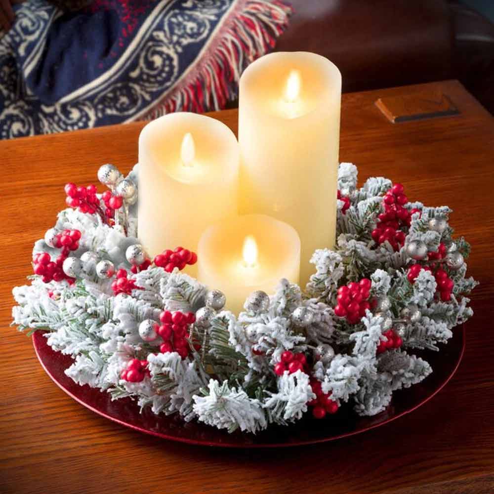 Christmas Berry Candle Ring – Snowy Wreath Table Centrepiece for Holiday Decor