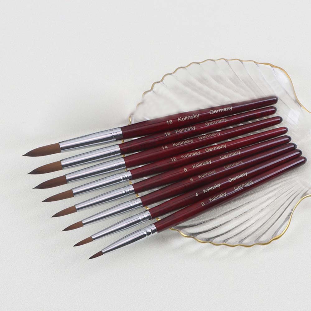 9PCS Acrylic Nail Brush Set Kolinsky Sable Hair - Liquid Powder Crystal Pink Metal Handle