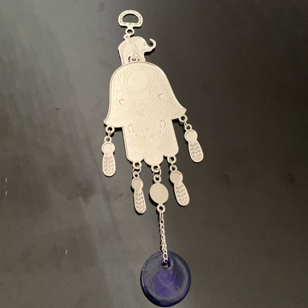 Turkish Blue Evil Eye Hamsa Hand with Elephant Wall or Car Hanging Amulet Gift