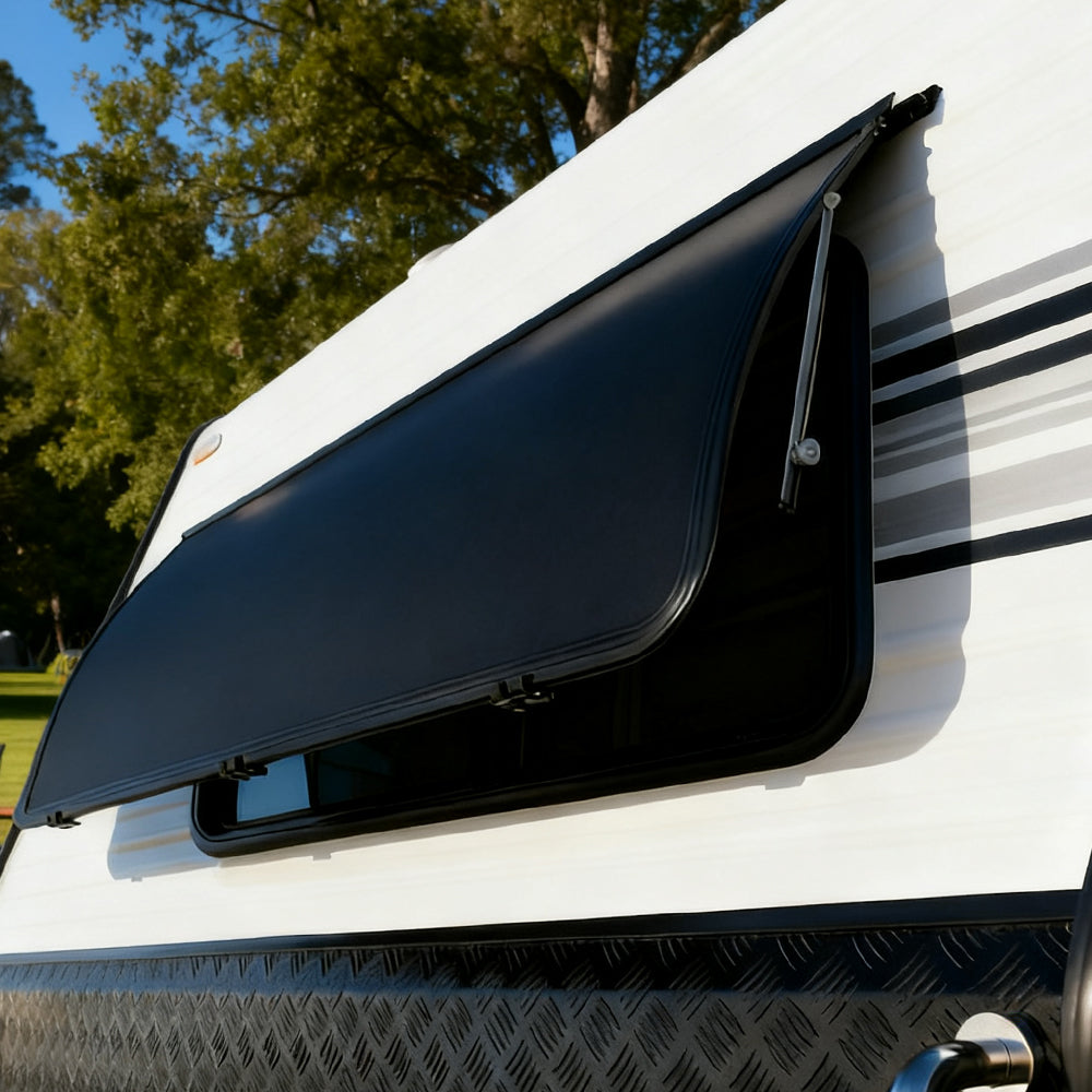 Curved Aluminium Alloy RV Awning 568x1527mm - 75° Opening Wind-Resistant Sun Shade