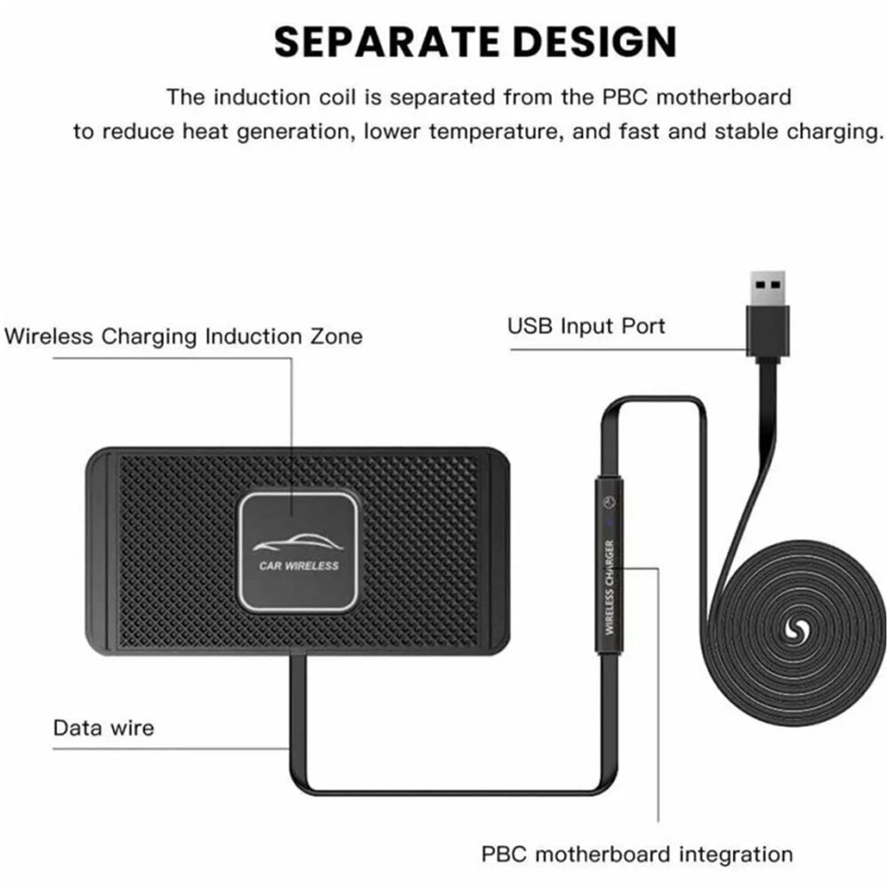 Car Wireless Fast Charging Mat Non-Slip Pad Holder 1M Cable For Smart Phones