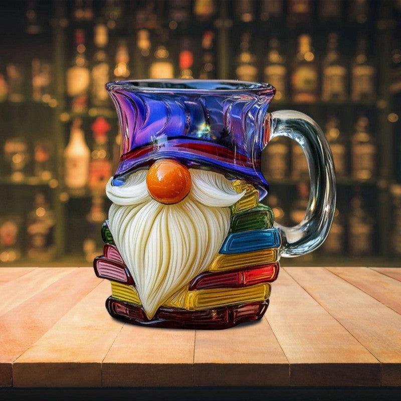 Glass 3D Painted Gnome Book Mug Stack Coffee Cup Novelty Room Home Decor