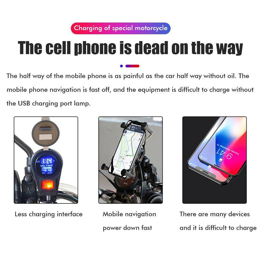 Dual USB Port Motorcycle Fast Charger Socket LED Voltmeter Display ON/OFF Switch