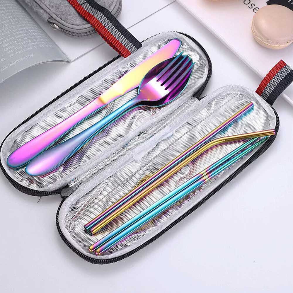8PCS Portable Color Stainless Steel Tableware Dinnerware Travel Camping Cutlery Set