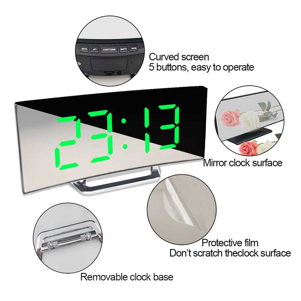 Digital Alarm Clock 7 Inch Curved Dimmable LED Electronic Digital Desktop Clock