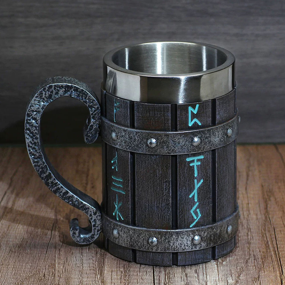 Viking Stainless Steel Tankard Odin Thor Mjolnir Drink Mug Beer Stein Coffee Cup