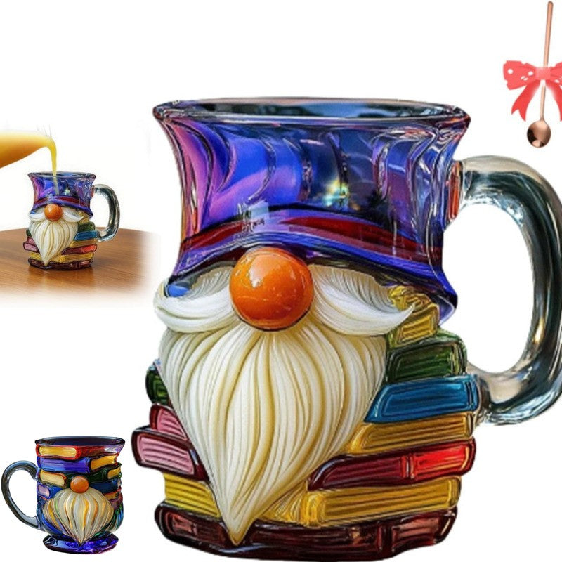 Glass 3D Painted Gnome Book Mug Stack Coffee Cup Novelty Room Home Decor