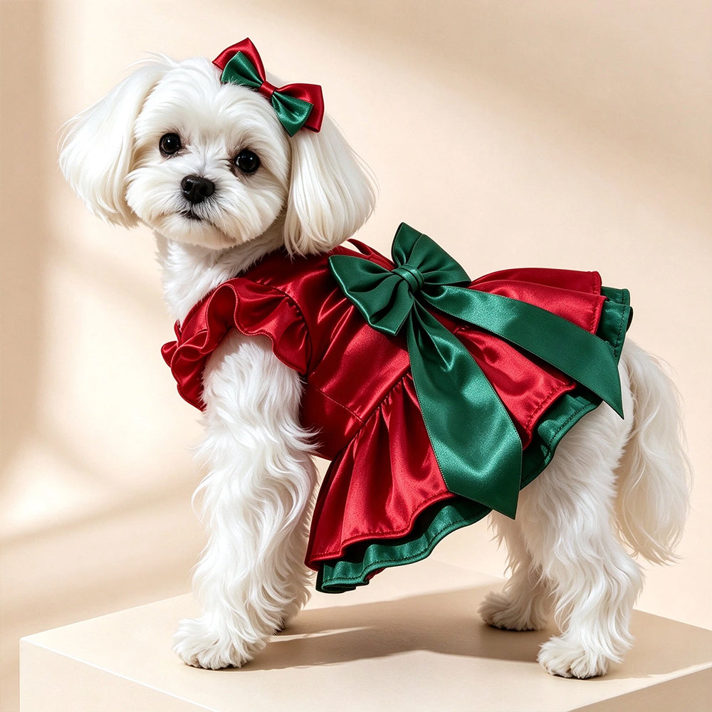 Christmas Pet Outfit – Red & Green Dog Dress with Bow & Flower Headpiece FOR 2-3kg