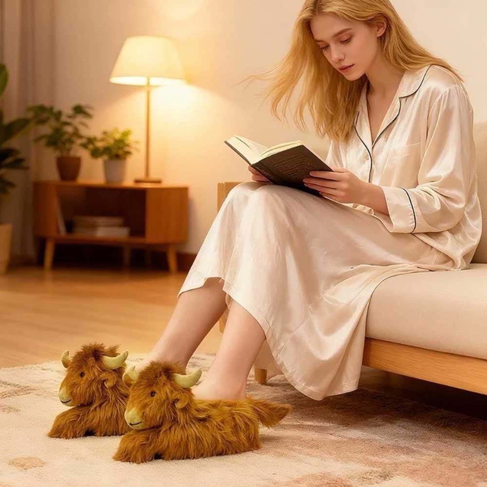 Highland Cow Slippers for Women - Novelty Fluffy Plush Warm Animal Slippers