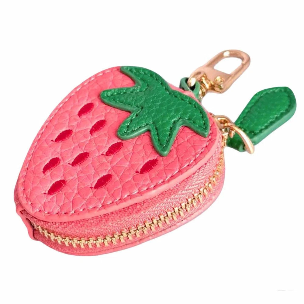 Strawberry Leather Coin Purse Keychain - Mini Zipper Pouch & Bag Charm