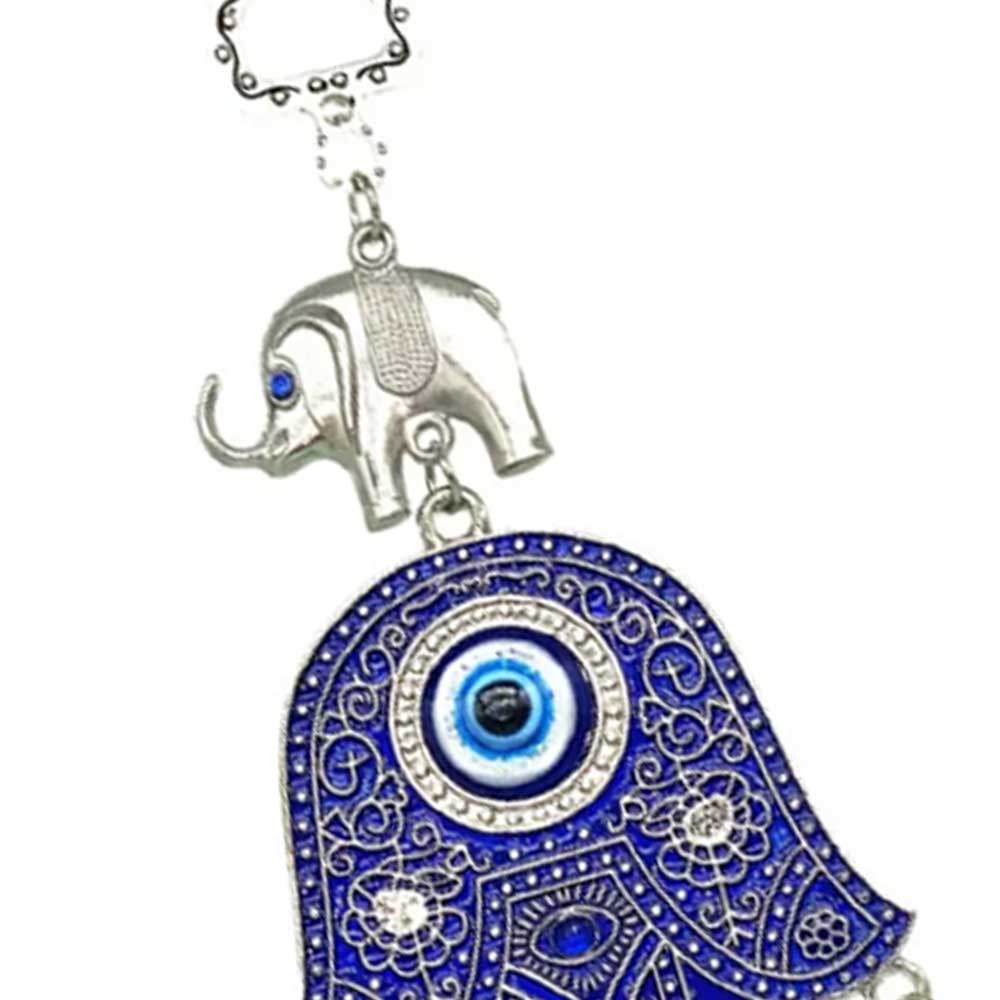 Turkish Blue Evil Eye Hamsa Hand with Elephant Wall or Car Hanging Amulet Gift