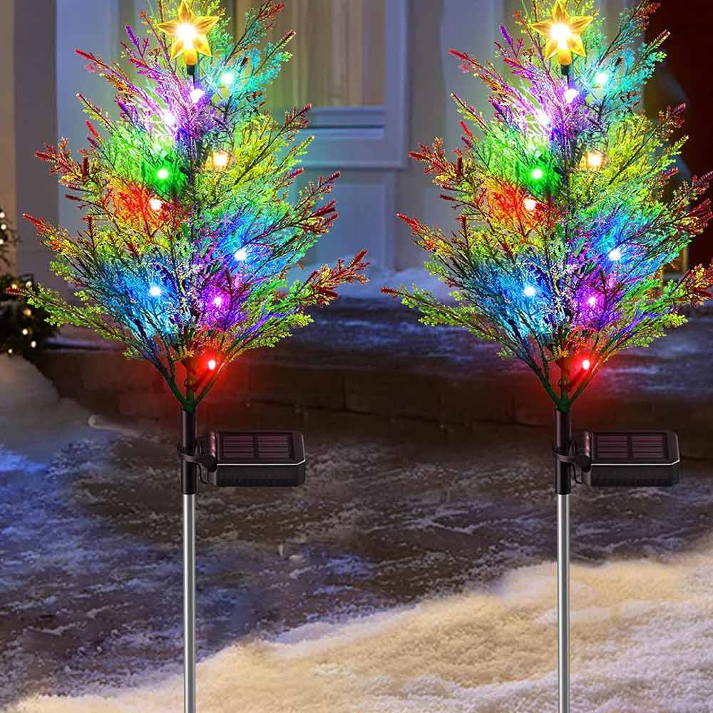 2Pack Solar Christmas Tree Garden Stake Lights Outdoor Waterproof Multi-Color Pathway Lights