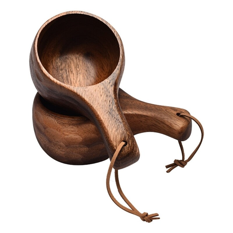 Finland Kuksa Portable Coffee Mug Acacia-Wood Handle Cowhide Rope Hook Juice Cup